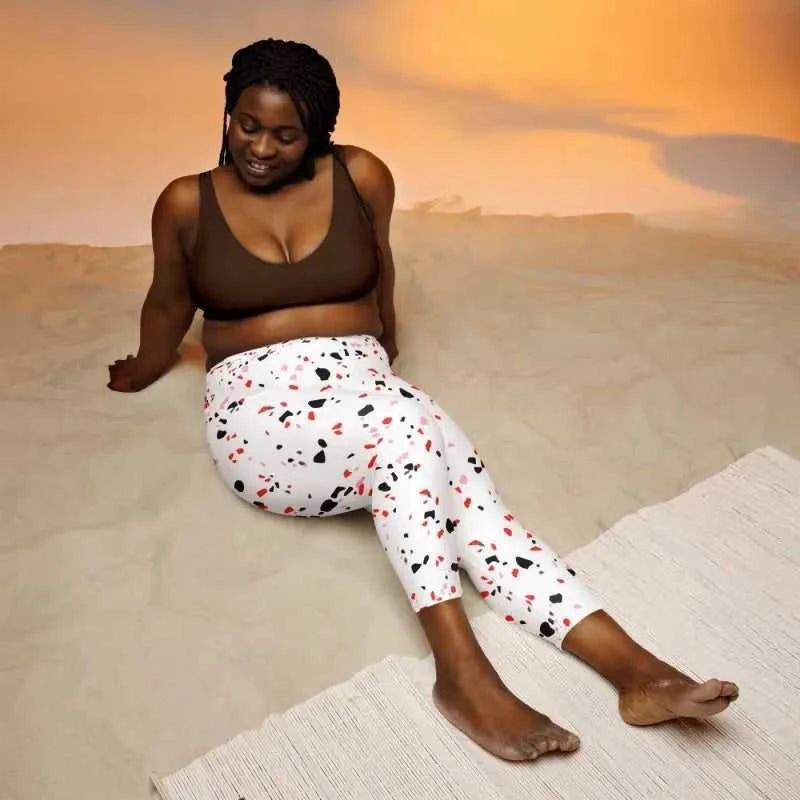 Cozy patterned Capri yoga pants featuring a heart and floral print design