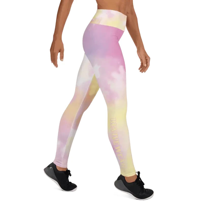 Pastel high waisted yoga leggings with tie-dye pattern and sneakers for activewear style
