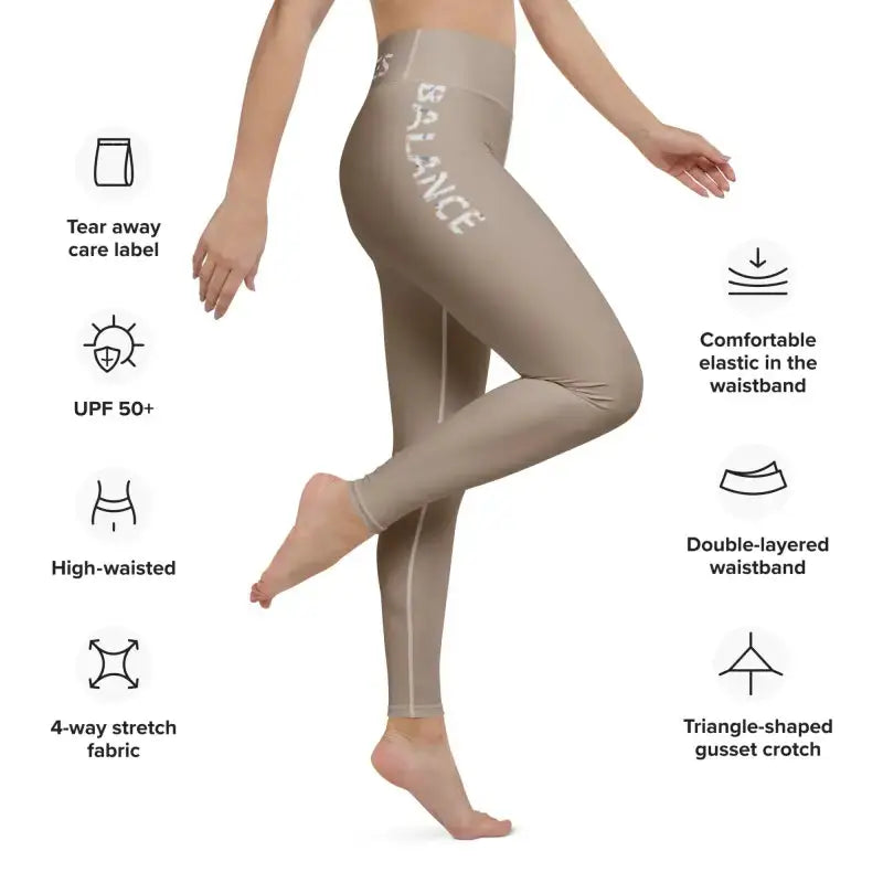 Beige Khaki Pilates Leggings with BALANCE text, comfy pilates leggings for workouts