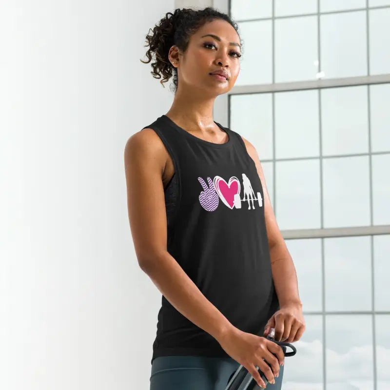 Black sleeveless tank top with a pink and purple heart design.