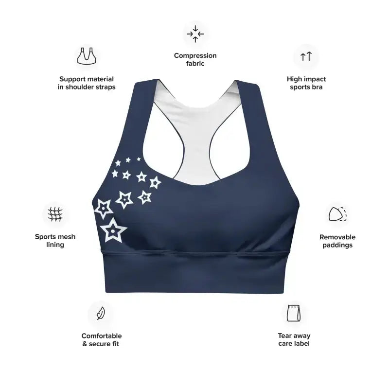 Navy blue longline sports bra with white stars, perfect plus size activewear for workouts