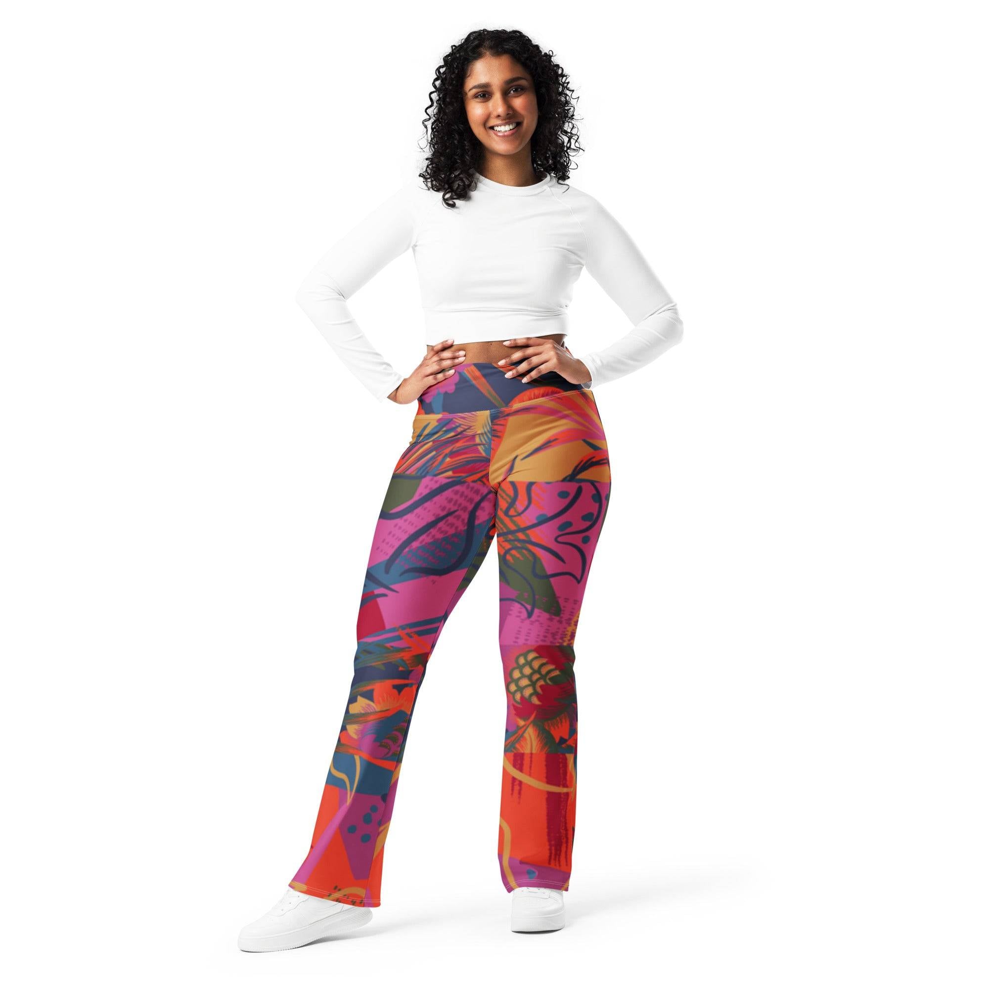 Flare Patterned Leggings by Revive Wear Australia.   These patterned flare leggings feature a high waist and back pocket. Enhance your curves in all the right places with this trendsetting flare cut.  Explore today.