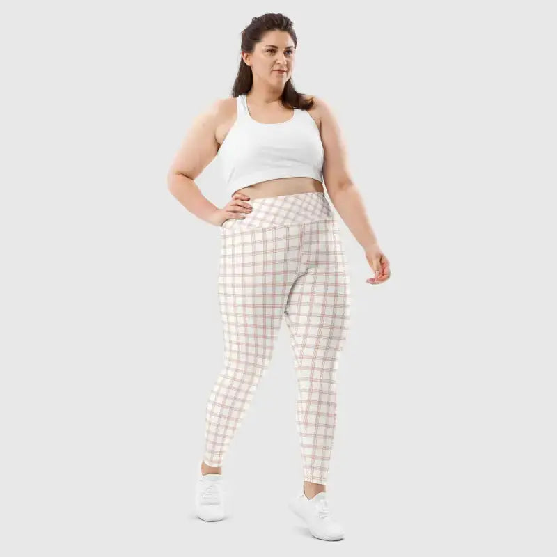 Woman wearing Pinstripe Plus Size Leggings with wide elastic waistband for ultimate comfort