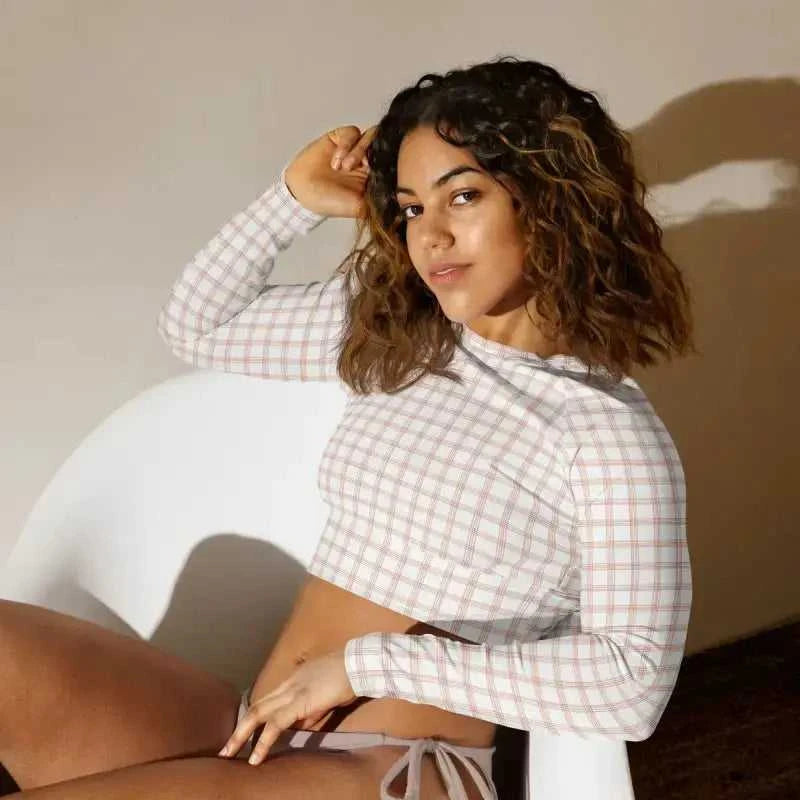 Plaid Pinstripe Recycled Long-Sleeve Crop Top with Tear-Away Care Label