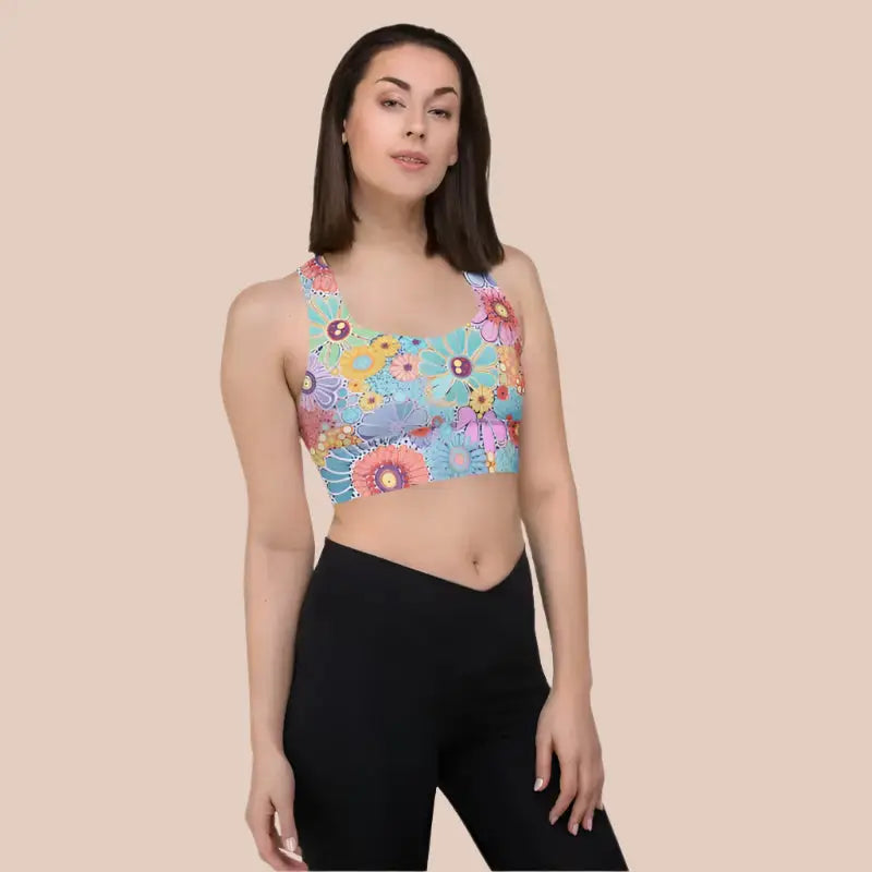 Recycled longline sports bra, model wearing a size medium.