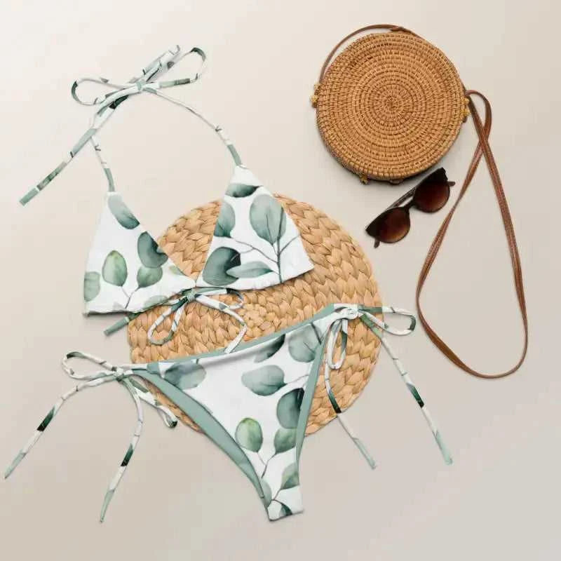 Eucalyptus-print Recycled String Bikini Tropical Leaf with removable padding and round straw bag