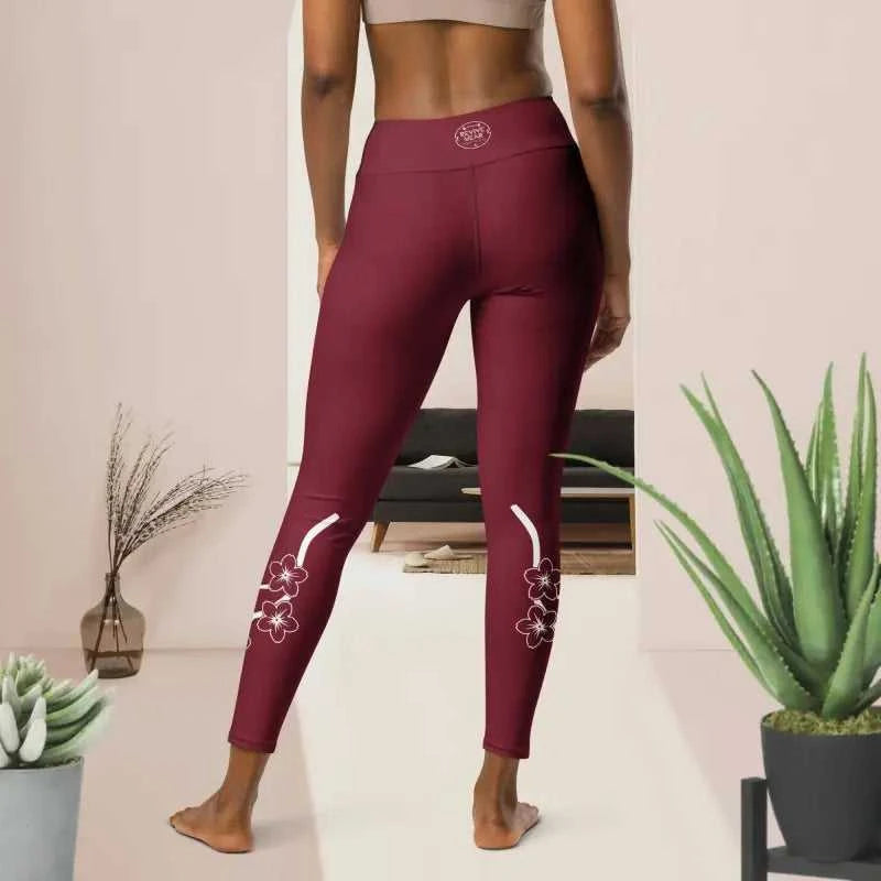 Maroon floral leggings perfect for yoga and workouts, stylish red floral design