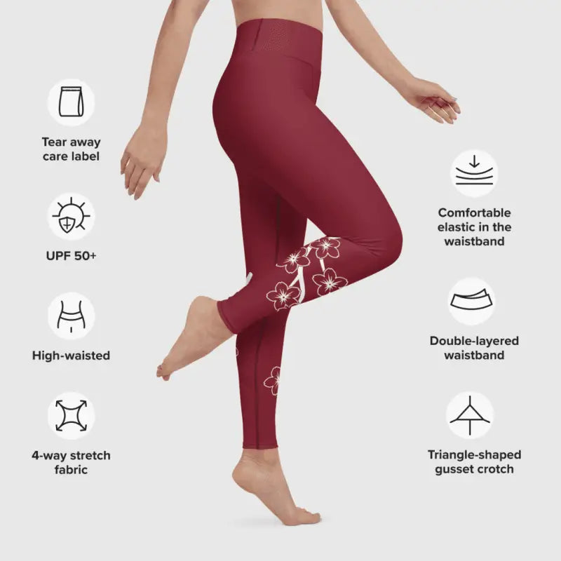 Maroon leggings with white floral design from Red Floral Blossom Yoga Workout Leggings piece