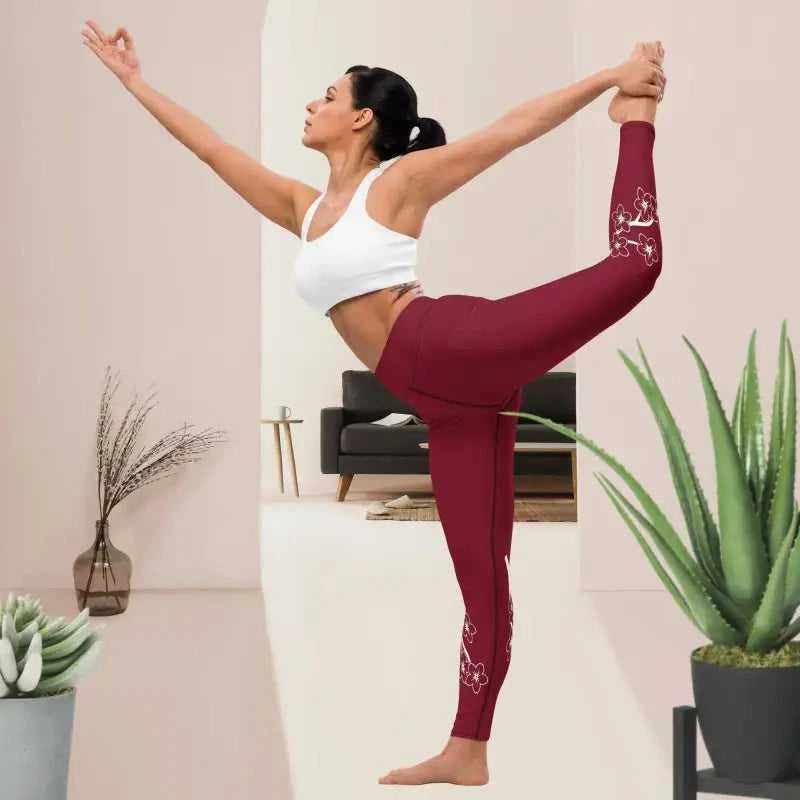 Red floral Burgundy yoga leggings with floral design for workout and casual wear
