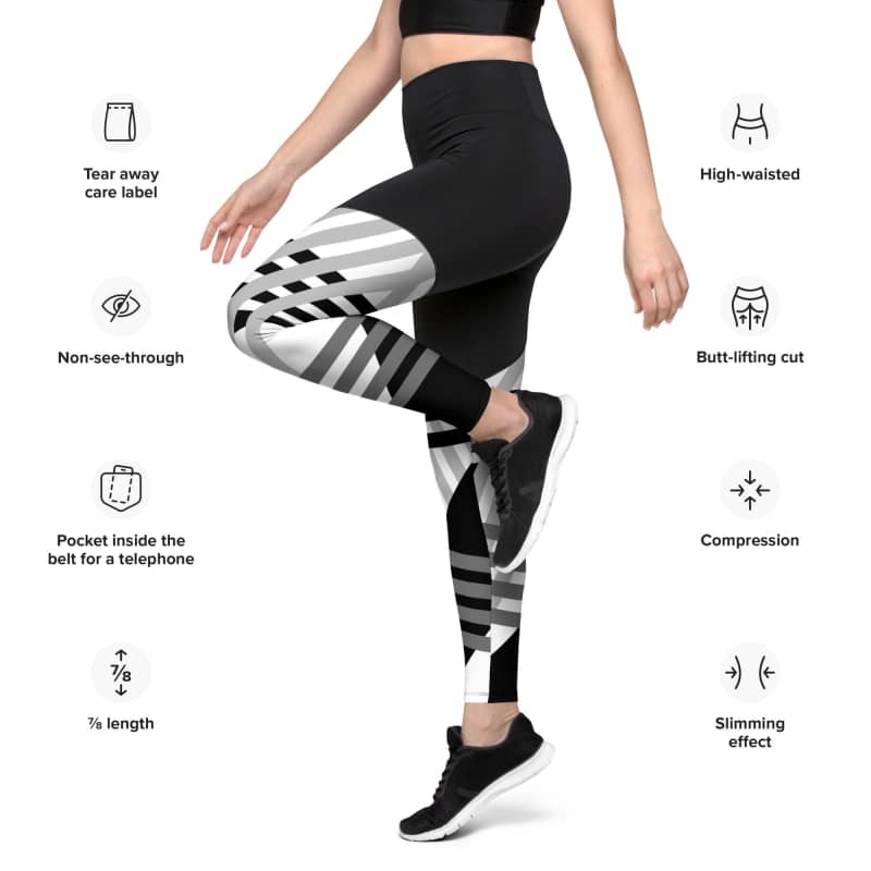 Sports Leggings with Phone Pocket in Black and White Print