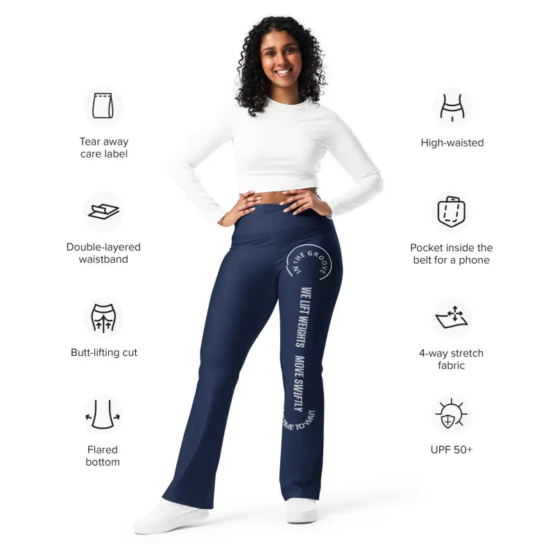 Flare leggings in blue with product benefits and features