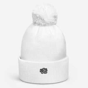 Proud Pom Pom Beanie in White with Proud printed in black