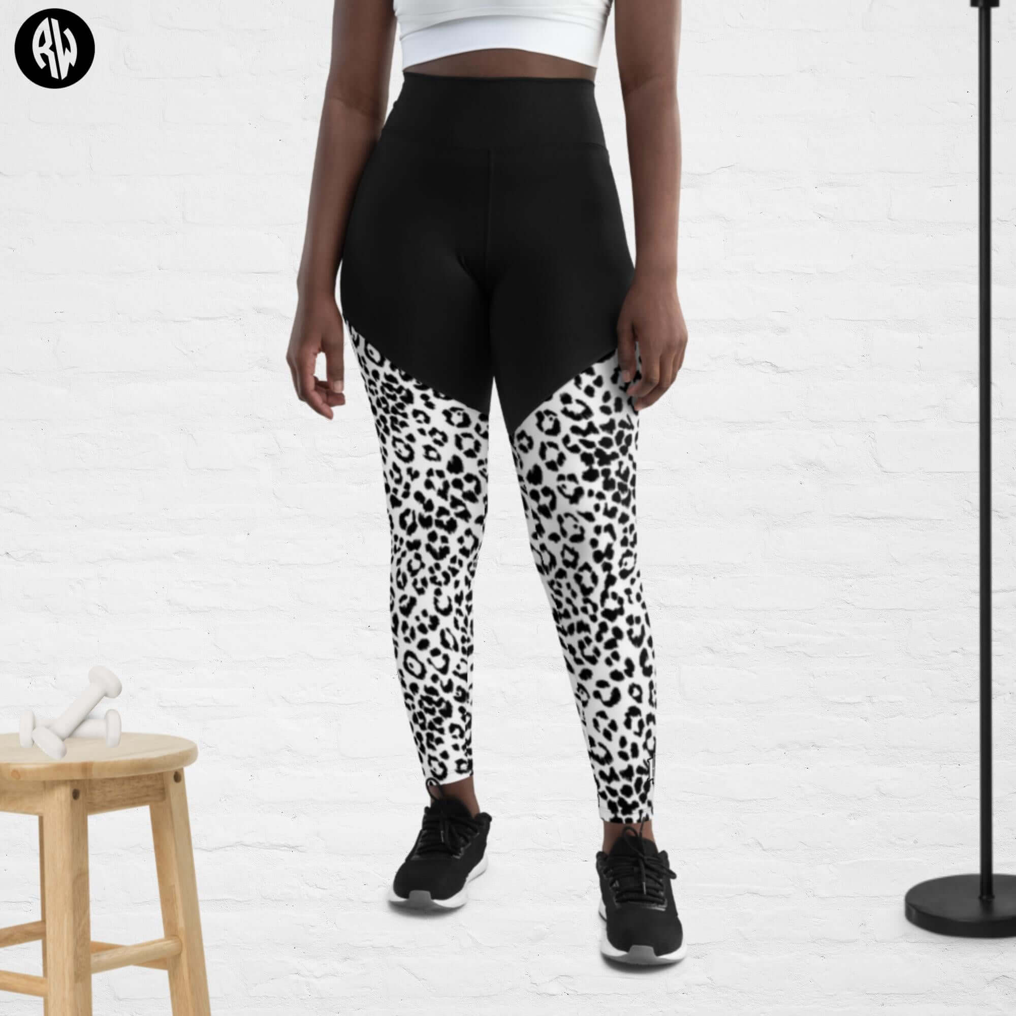 Sports Leggings with Phone Pocket in Black and White Print - Revive Wear     Enhance your workouts with Revive Wear AU's Sports Leggings featuring a convenient phone pocket. Stay connected and stylish during your fitness routine. Shop now!