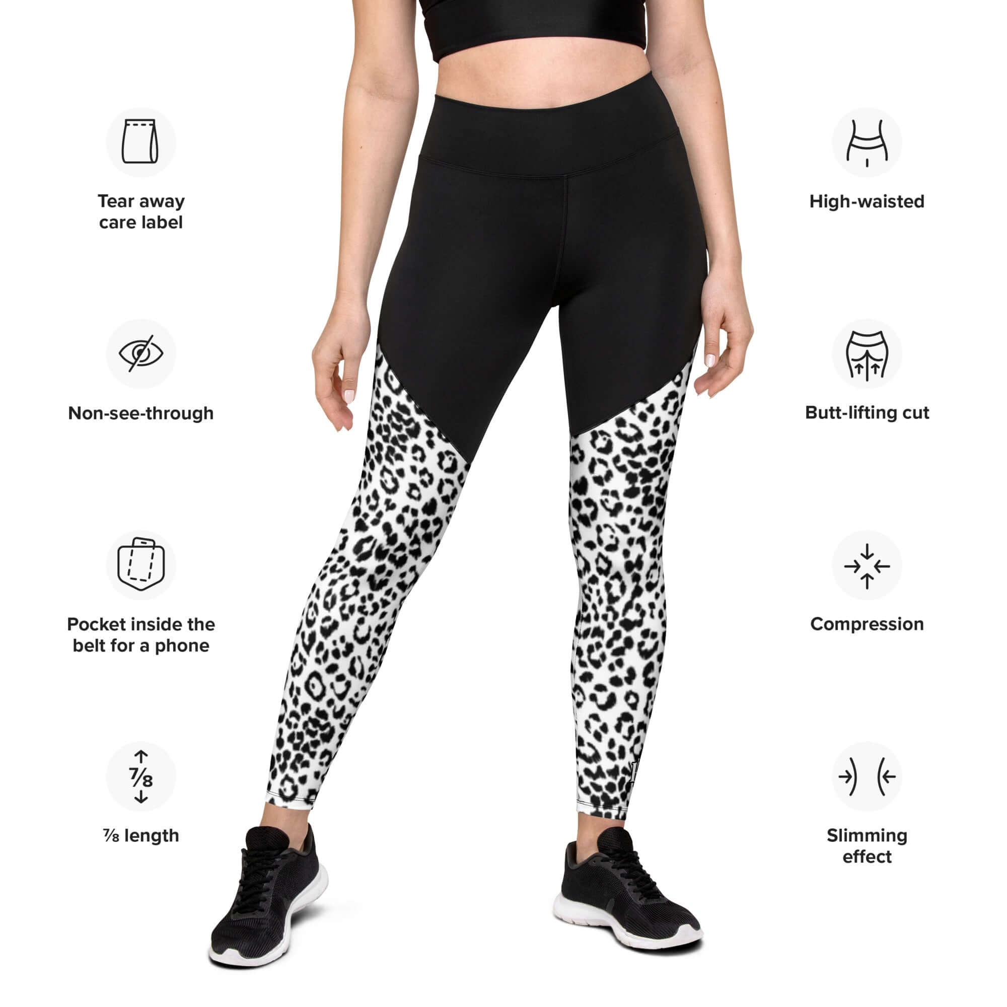 Sports Leggings with Phone Pocket in Black and White Print