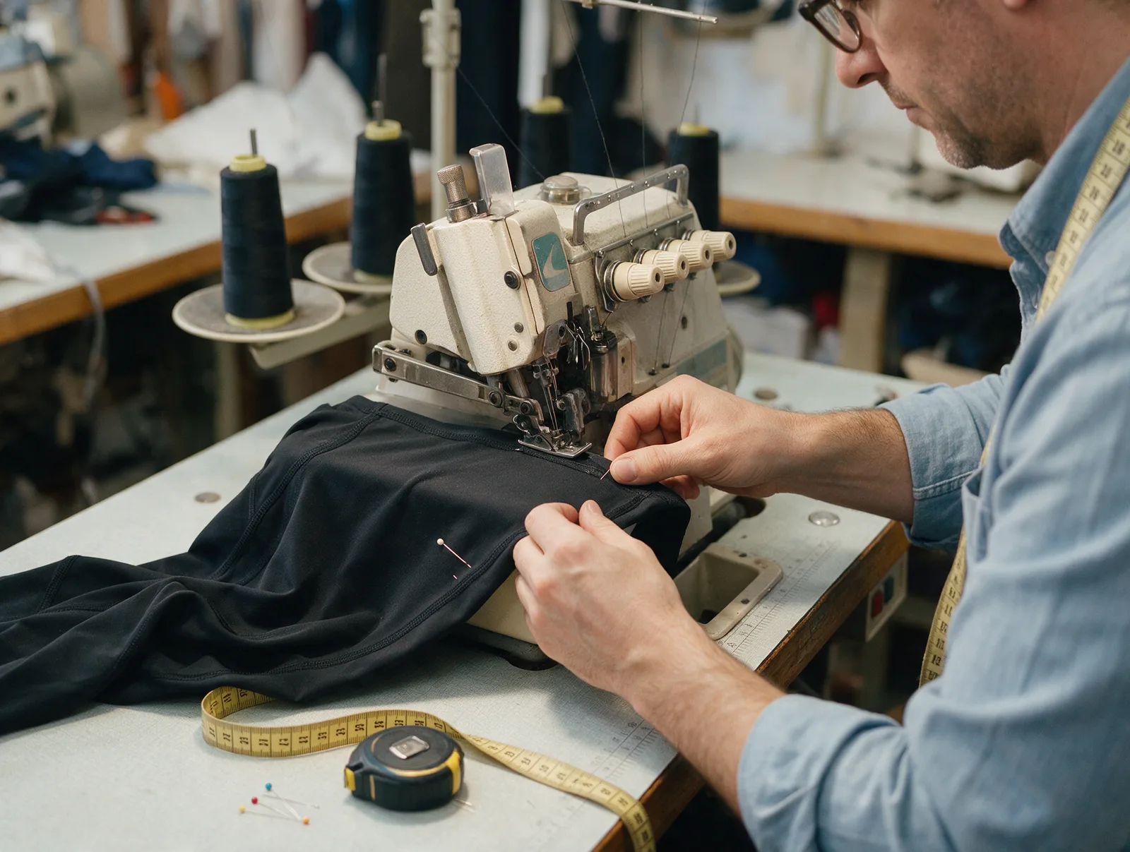 Tailor resizing athletic leggings on an overlocker sewing machine