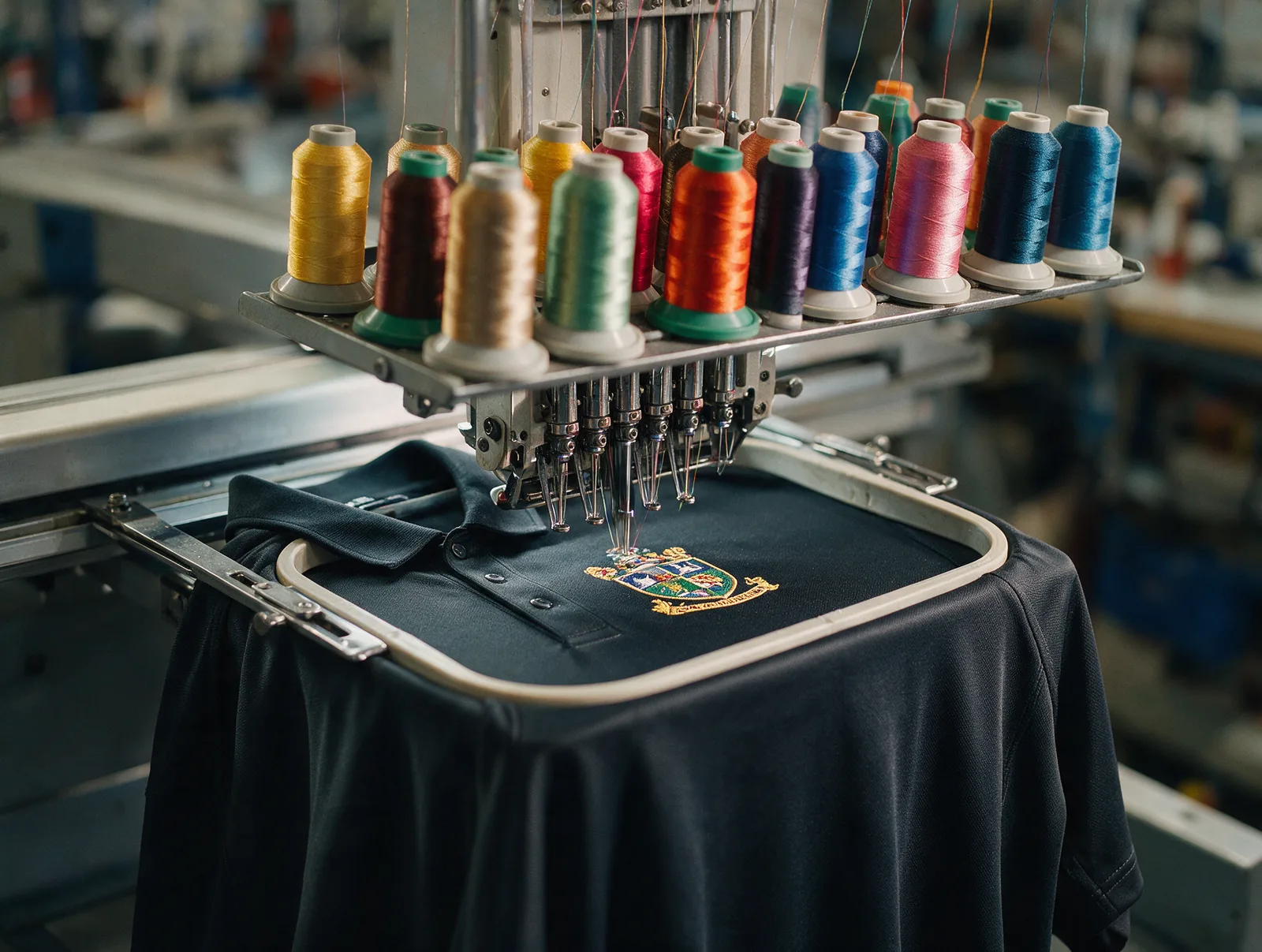 Multi-head embroidery machine stitching a crest onto a performance polo