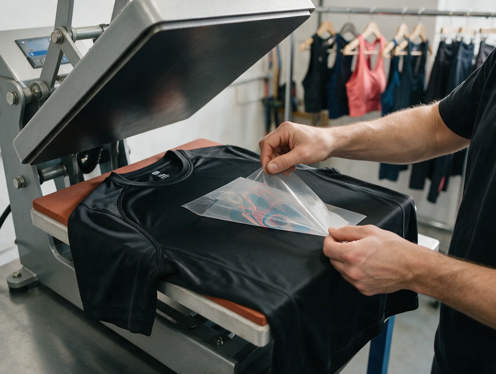 Technician peeling a direct-to-film transfer from a polyester training shirt on a heat press