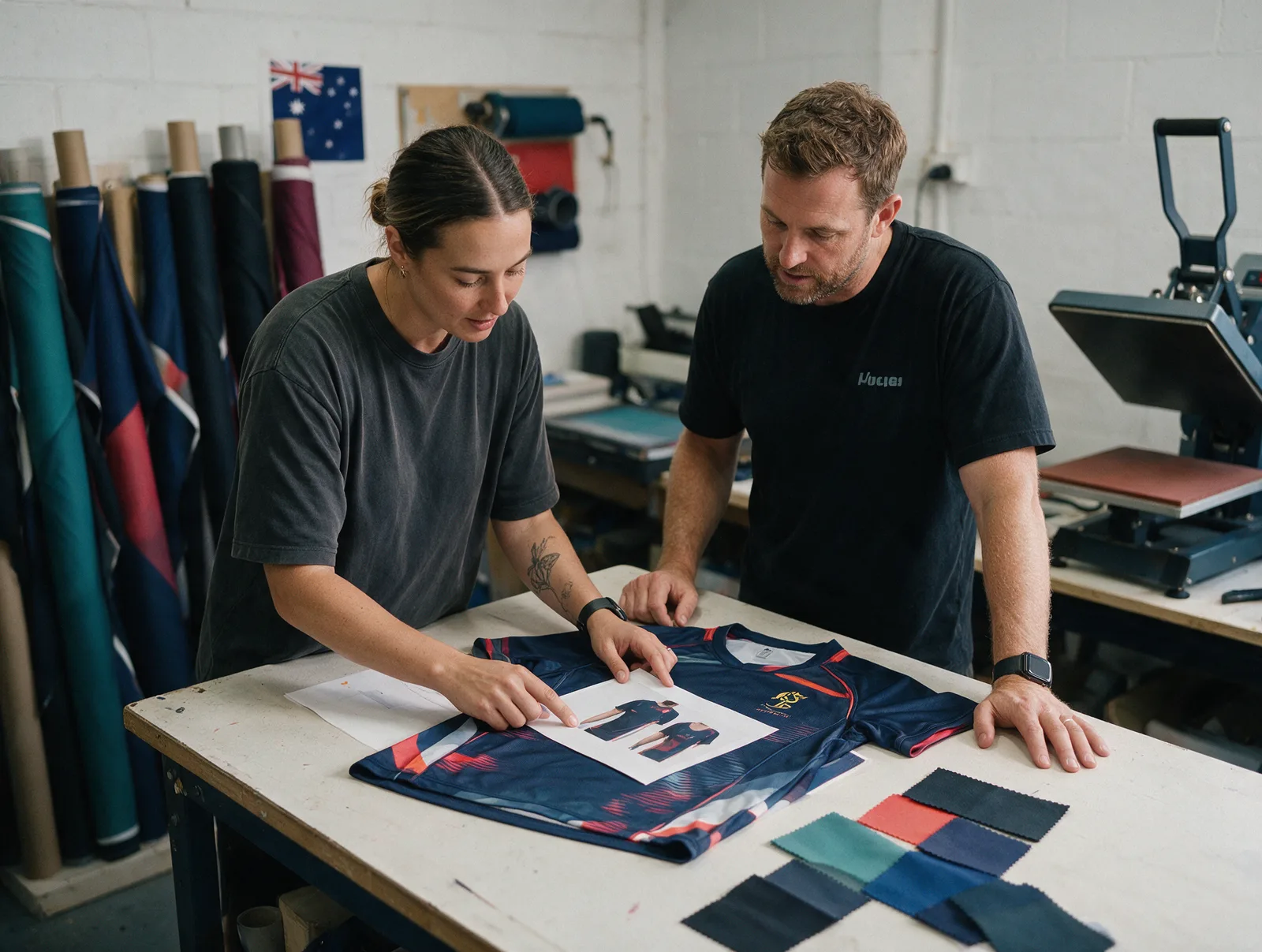 Activewear designer and team coach reviewing a printed sample jersey and fabric swatches in a print studio
