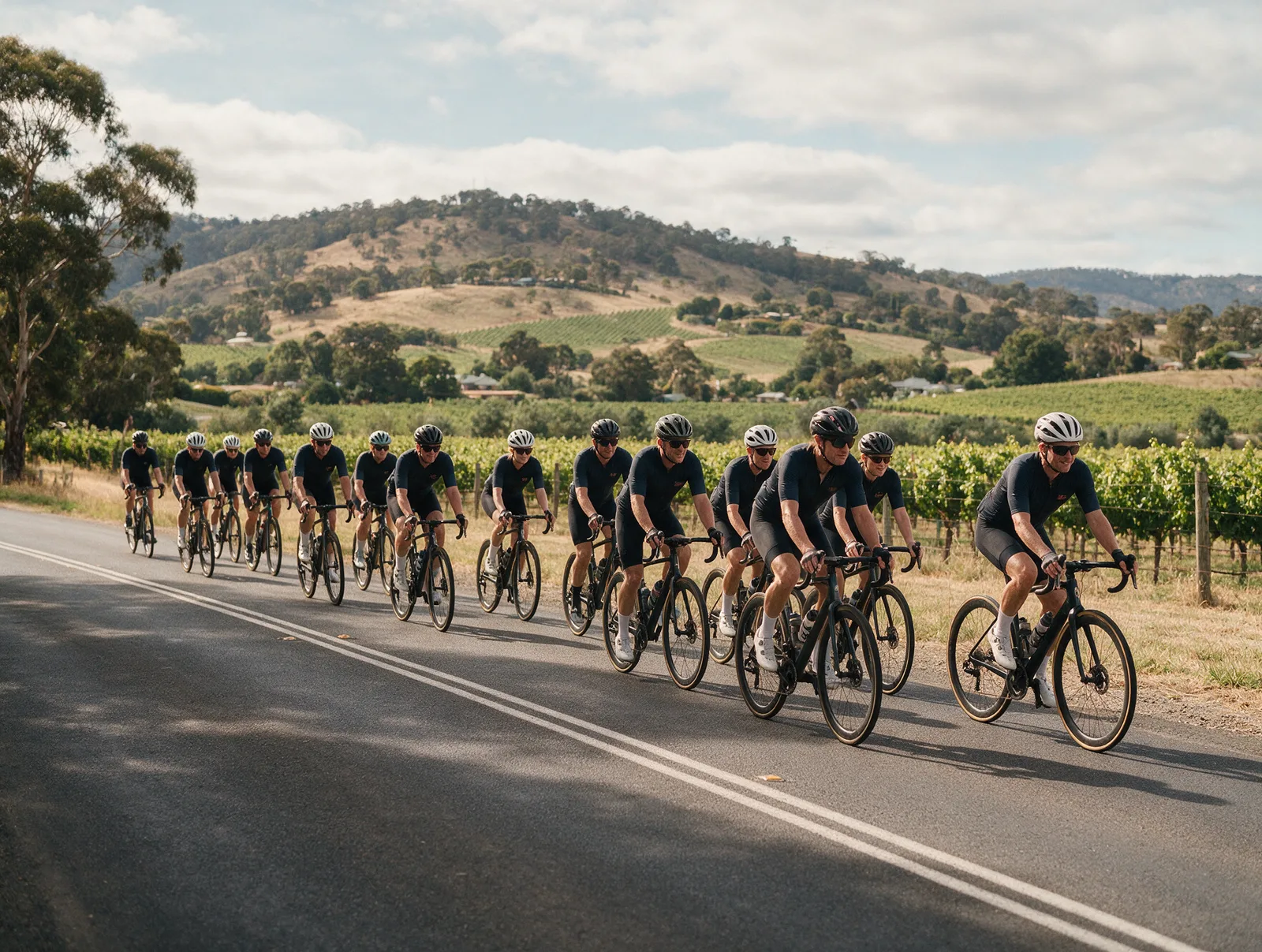 Cycling club in matching kits riding through the Adelaide Hills