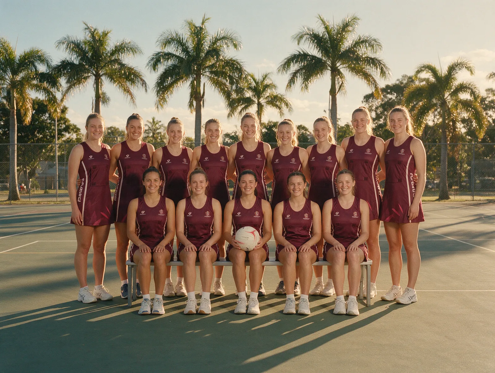 Netball team in matching maroon dresses on an outdoor court in Brisbane
