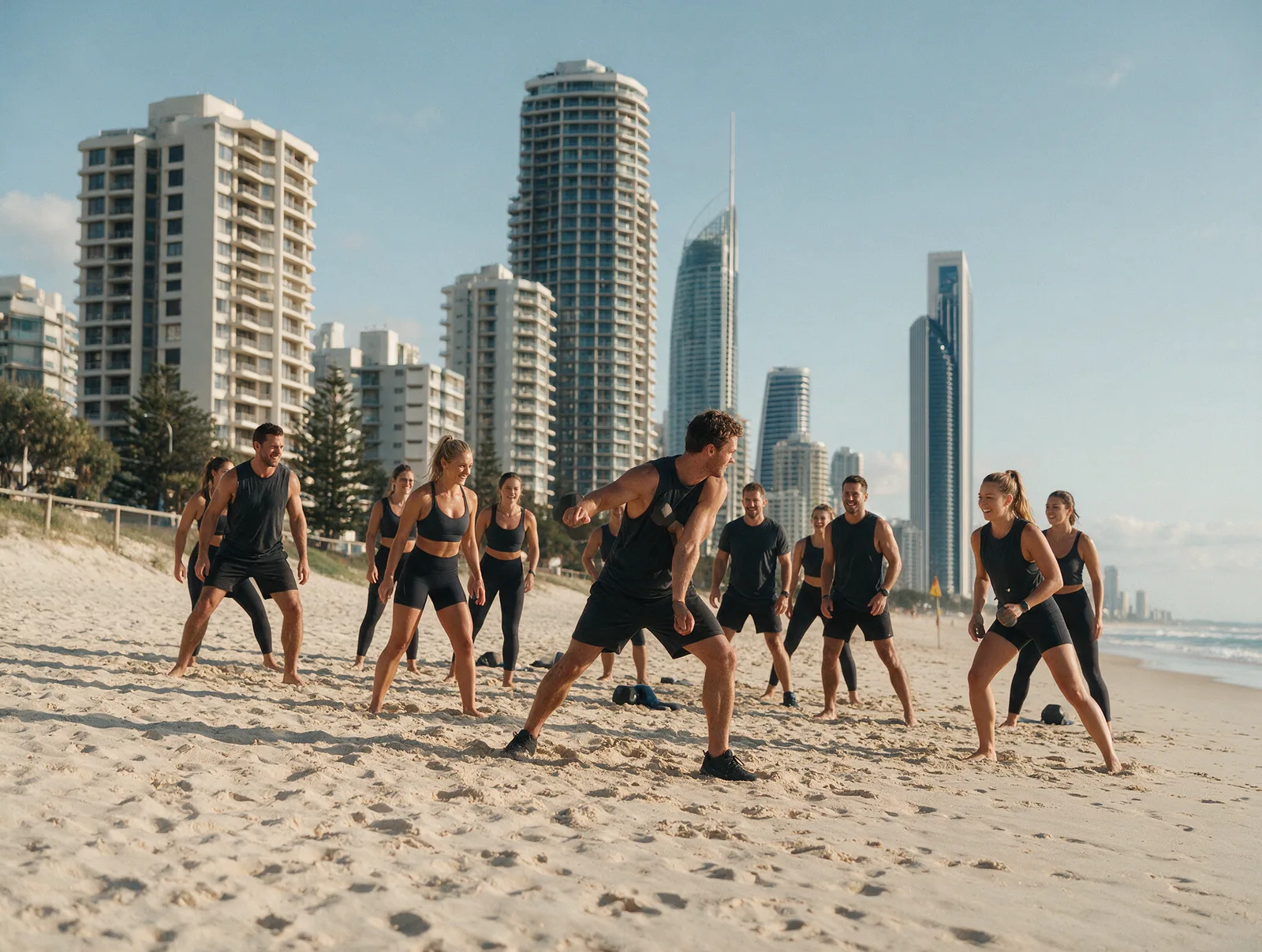 Beach fitness group in matching activewear on the Gold Coast