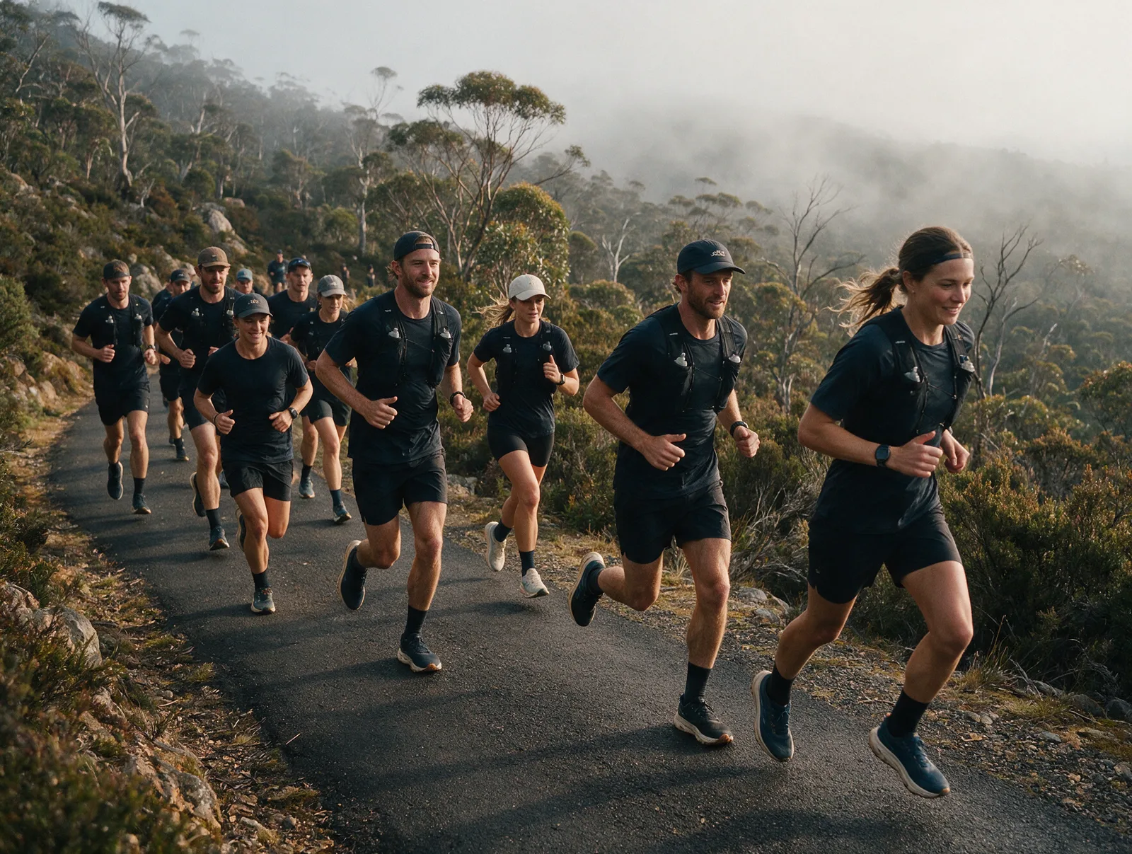 Trail running group in matching activewear near Hobart, Tasmania