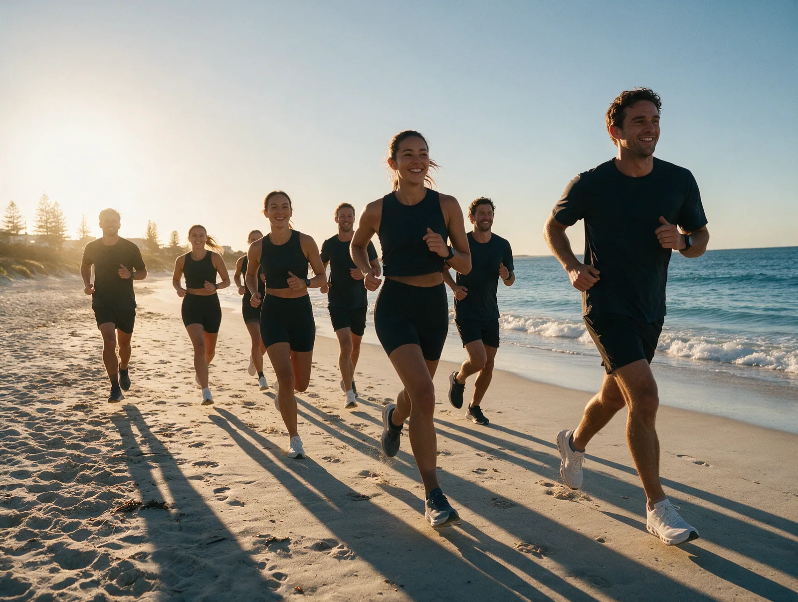 Running group in matching activewear on a Perth beach at sunrise