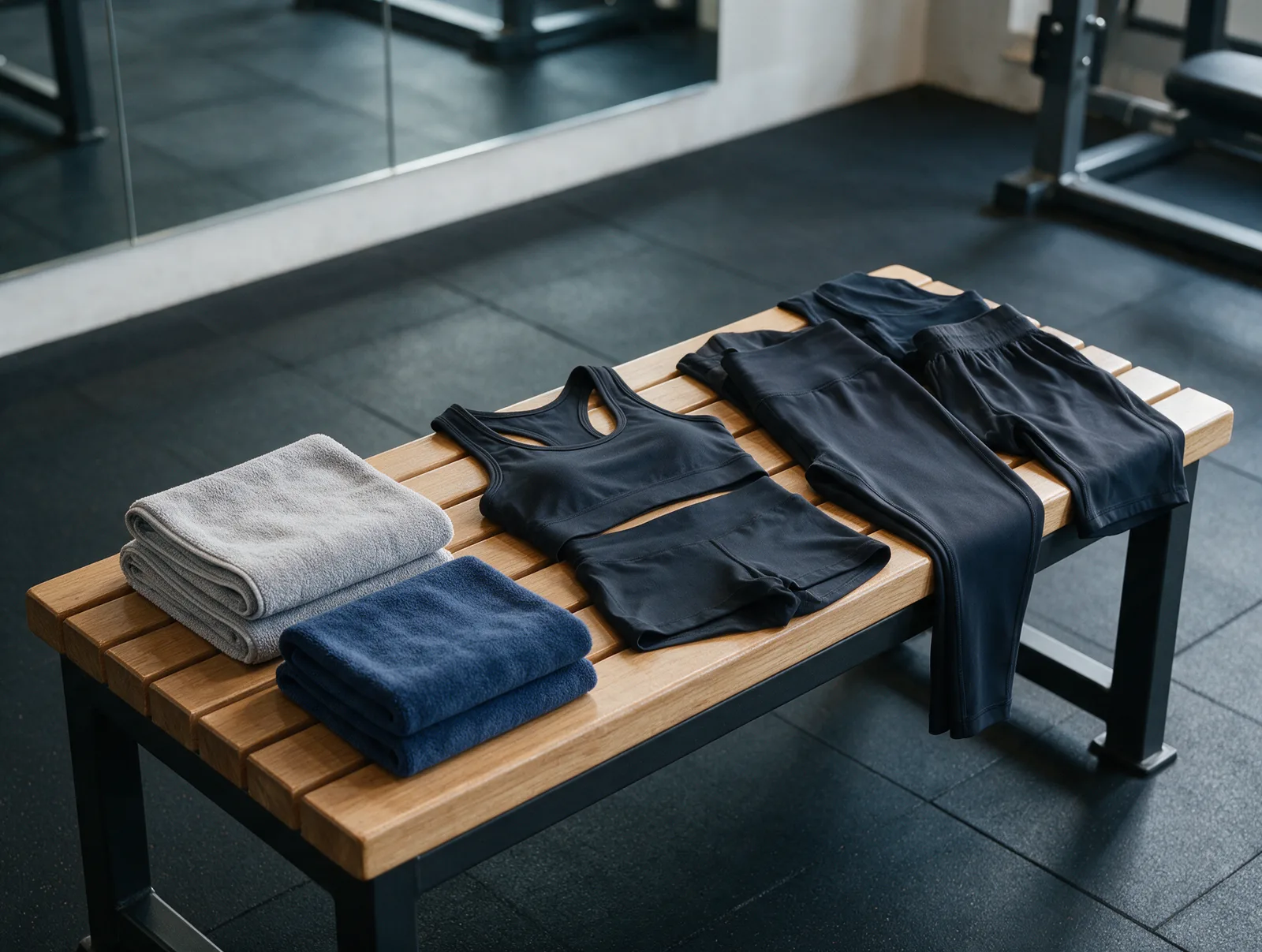 Microfibre gym towels with matching activewear sets on a gym bench