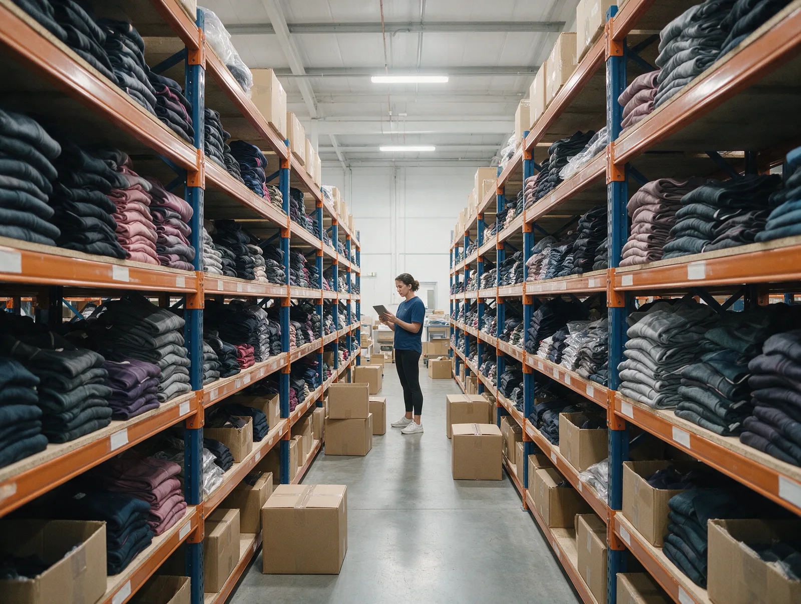 Bulk activewear stock on warehouse shelves being checked for a wholesale order